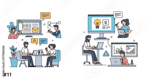 Illustrative depictions of modern office collaboration and digital brainstorming session  processes
