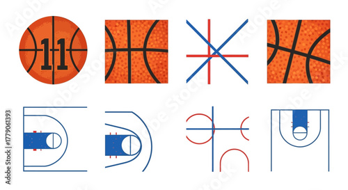 Basketball game elements composition illustration with ball court and abstract graphics