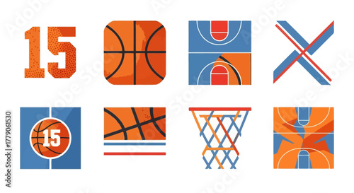 A collection of basketball elements with a modern, stylized design and vibrant colors representing
