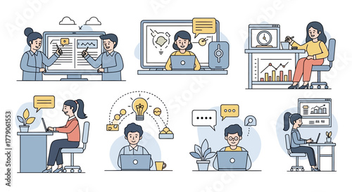 Diverse group of professionals collaborating remotely through various digital platforms