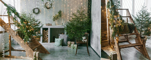 Warm Christmas interior with decorative elements, glowing lights, fir tree, and gift boxes. Festive holiday season home decoration.