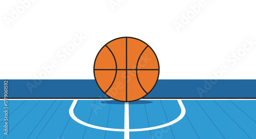 Vibrant basketball resting centrally on a stylized indoor court illustration