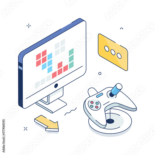 Modern isometric illustration showing a computer gaming setup with joystick, monitor