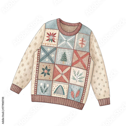 A cute patchwork winter sweater christmas illustration