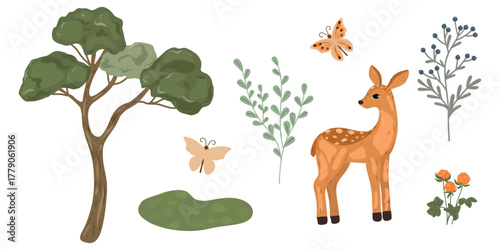 Forest clipart set. Deer, tree, butterfly, cloudberry, branch. Hand drawn nature elements 
