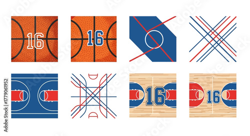 Abstract basketball theme with court elements and ball textures with number sixteen