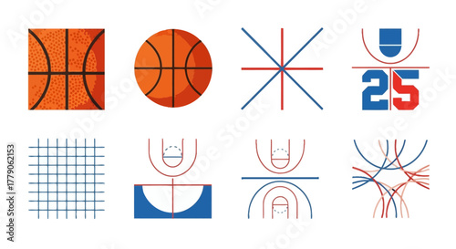 Basketball icon set showcasing diverse design elements and court graphic representations