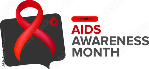 World AIDS awareness month banner with red ribbon. World HIV awareness month starts in December. Red ribbon with text isolated on white background. World AIDS Day December 1st
