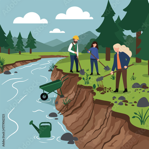 Illustration of volunteers working on riverbank restoration with shovels, greenery, water, and trees