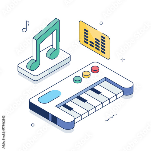 Isometric music keyboard illustration with notes and sound equalizer