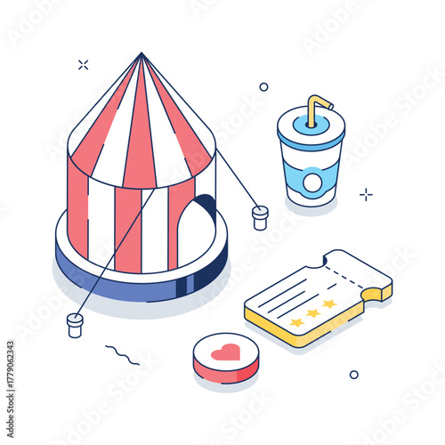 Isometric circus scene illustration with tent, ticket, and drink, perfect for entertainment