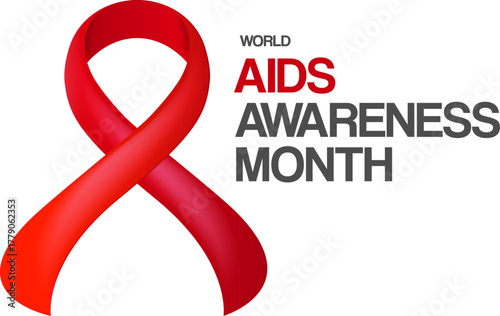 World AIDS awareness month banner with red ribbon. World HIV awareness month starts in December. Red ribbon with text isolated on white background. World AIDS Day December 1st