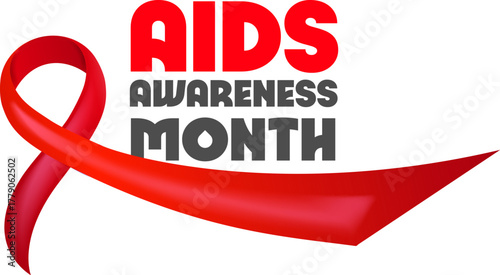 World AIDS awareness month banner with red ribbon. World HIV awareness month starts in December. Red ribbon with text isolated on white background. World AIDS Day December 1st