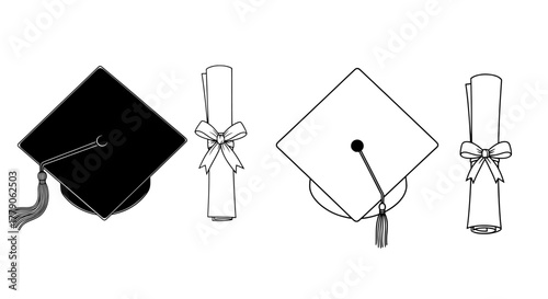 Graduation cap and diploma vector set