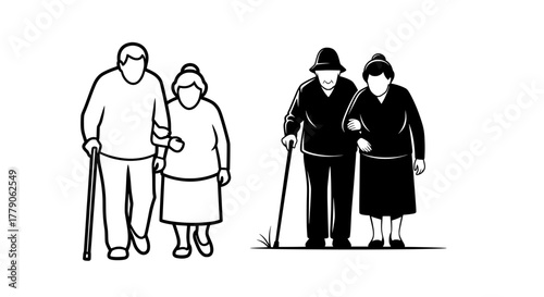 Elderly couple walking with support
