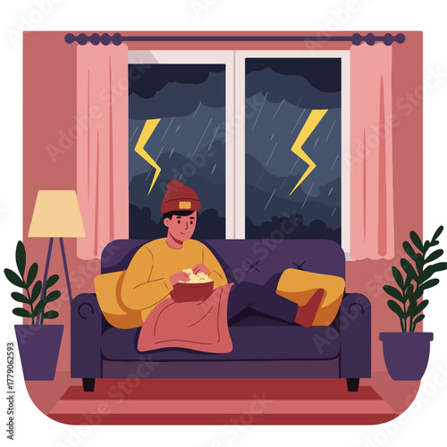 A person in a beanie enjoys popcorn on a couch. Outside the window, a storm rages with lightning and rain. Curtains frame the view