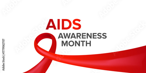 World AIDS awareness month banner with red ribbon. World HIV awareness month starts in December. Red ribbon with text isolated on white background. World AIDS Day December 1st