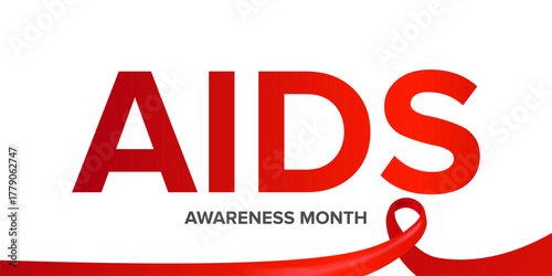 World AIDS awareness month banner with red ribbon. World HIV awareness month starts in December. Red ribbon with text isolated on white background. World AIDS Day December 1st