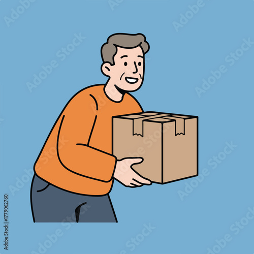 Cartoon image Man with gray hair, orange shirt, and blue pants carrying a brown cardboard box, smiling