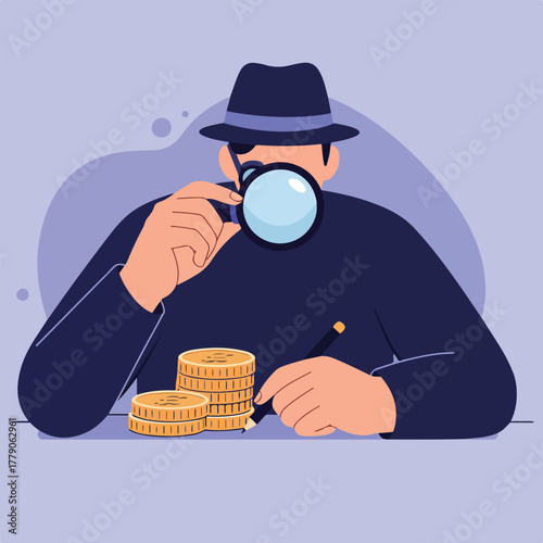 A person with a magnifying glass and pen inspects a stack of coins. Illustration with a purple backdrop