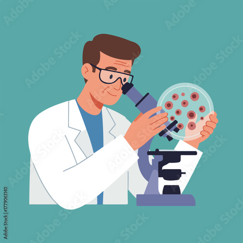 An illustration depicting a scientist using a microscope to observe a petri dish with cell cultures