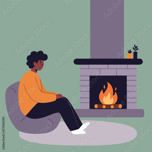 An illustration shows a person seated by a fireplace in a cozy setting. Fire burns, plants on mantel