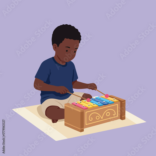 A young Black child sits on a mat, playing a xylophone with mallets, in a simple flat illustration