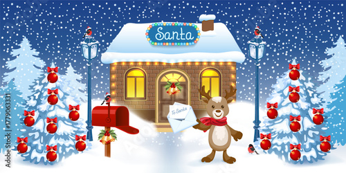 Christmas card with fawn deer with Santa letter wishlist and red mailbox  and Santa's workshop against winter forest background.