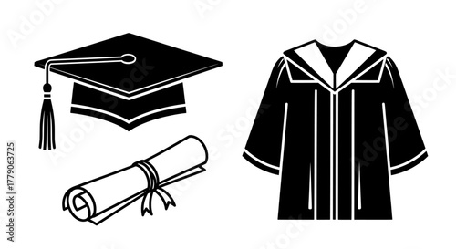 Graduation cap, gown, and diploma icon