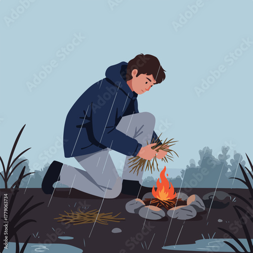 Person in blue jacket starts a fire in the rain,  kneeling by stones and gathering dry twigs