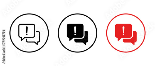 Exclamation mark message icon in circular outline. Chat alert symbol. Danger sign with speech bubble