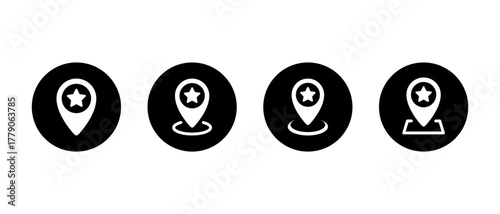 Map pin with star icon set in black circle. Favorite place and map marker symbol