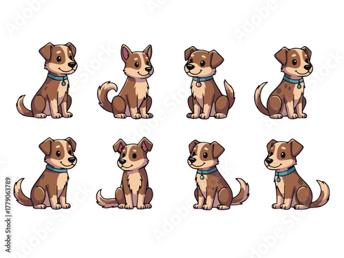 A valuable collection of eight cute puppy dog vector illustrations, all in a sitting pose. The set includes minor variations in tail position, expression, and collar details, making it perfect for cha
