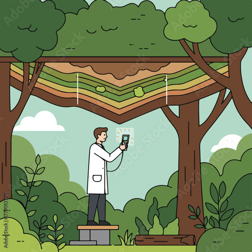 Scientist examining layers in a forest, using a digital device, possibly for geology or environmental study