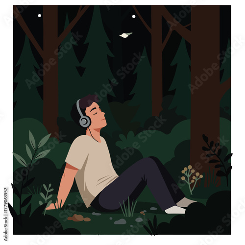 A person enjoys nature at night. Sitting in a forest, listening to music with closed eyes, feeling relaxed