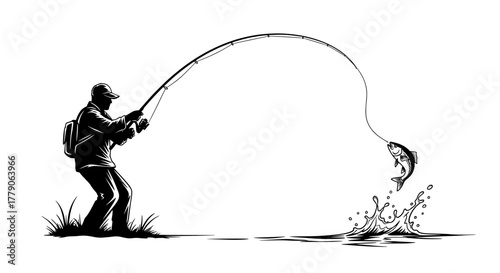 Fishing man catches fish