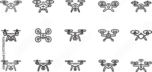 Set of minimalist drone icons with various designs for different purposes