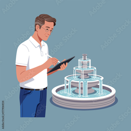 A man in casual attire, using a stylus on a tablet, examines a multi-tiered water fountain