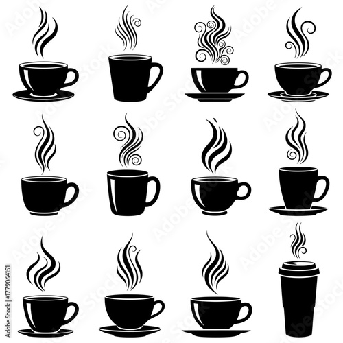 Coffee cup and mug icons with steam