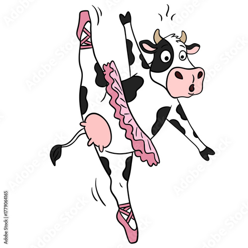 Funny cow dancer in a pink tutu and pointe shoes on transparent background. Ballet animal character. Humor illustration for postcard.
