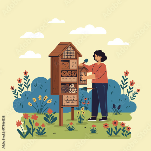 A person in a garden tends a wooden insect hotel, amongst flowers and shrubs, under white clouds