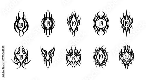 Collection of nineteen styled tribal design elements for tattoo or decorative purposes available