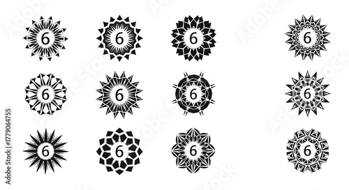 Geometric variations of circular patterns displaying the number six black and white shapes symmetry