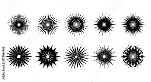 A collection of ten abstract geometric starburst shapes in black and white isolated graphic