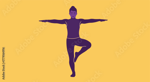Stylized yoga figure balanced on one leg, arms outstretched on a yellow background