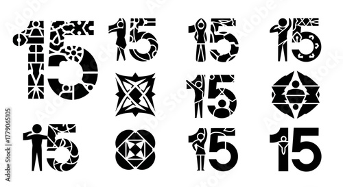 Fifteen years anniversary celebration artwork with diverse designs representing milestone moments