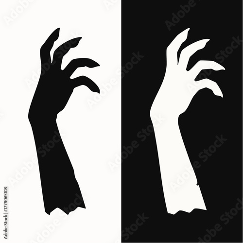 A black and white graphic illustration of a monstrous hand with long, sharp claws reaching out menacingly.
