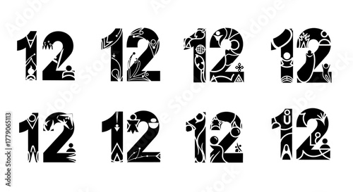 Stylized number twelve variations depicting diverse artistic interpretations and designs