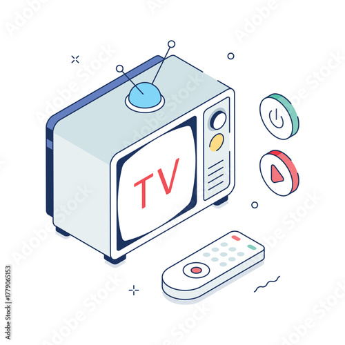 Isometric television illustration with remote control for media, entertainment, and broadcast