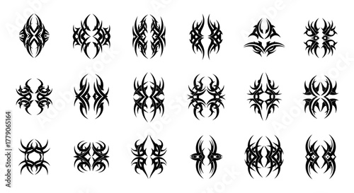 Collection of tribal tattoo design elements featuring abstract symmetrical compositions